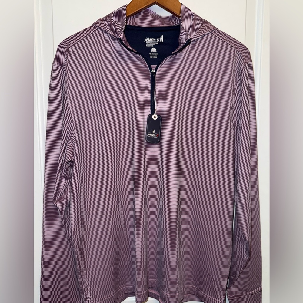 johnnie-O Men's Hooded Quarter‑Zip in Mauve Stripe